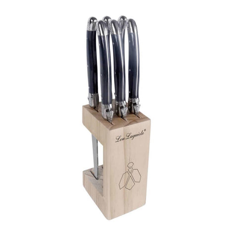Lou Laguiole Tradition Grillknivar i trävblock 6-p Mixade färger pepper/pearl/taupe