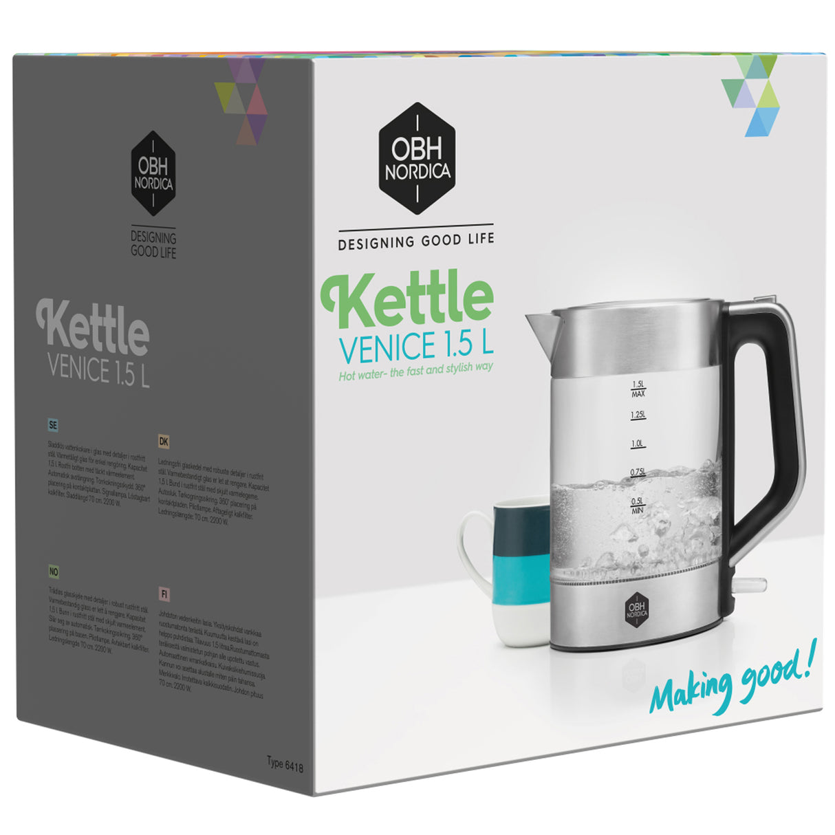 OBH Nordica Vattenkokare Venice glass kettle 1,5 l. cordless 6418